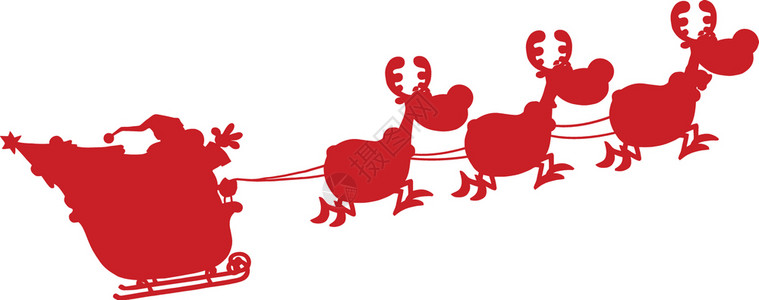 红色雪橇与驯鹿和雪橇一起飞行的圣诞老人红色轮椅插画