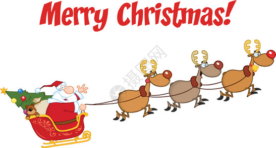 拉普兰圣诞快乐与老人在飞行与他的驯鹿和雪橇插画