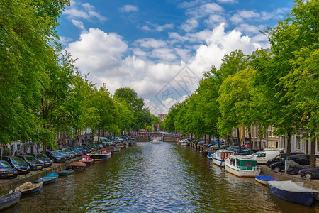 荷兰阿姆斯特丹市的运河和装有船只汽车的桥梁图片