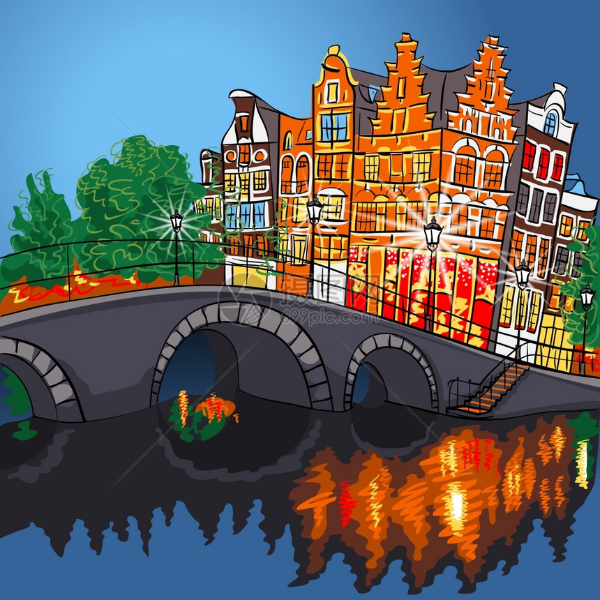 荷兰阿姆斯特丹运河桥梁和典型房屋的夜景图片
