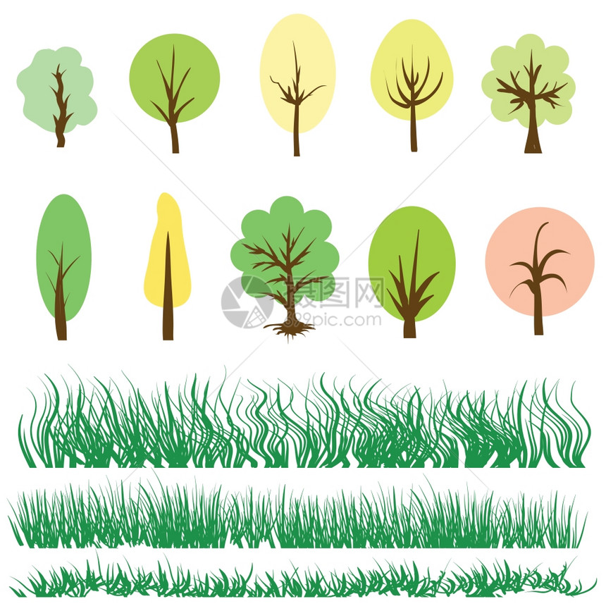 白色背景的树木和绿草色彩多插图图片