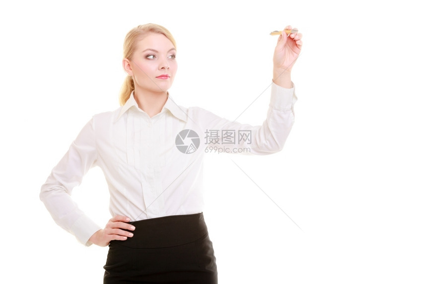 手笔女商人的肖像妇女写在空版间屏幕白板上商业概念孤立在白色上图片