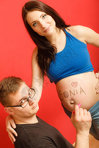 男人在孕妇肚子上写女婴的名字图片