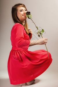 身穿红睡衣灰色的干玫瑰穿着红袍全年少女的漂亮时装郎背景图片