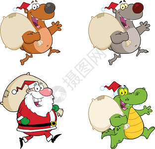 圣诞老人和动物用袋跑的图片
