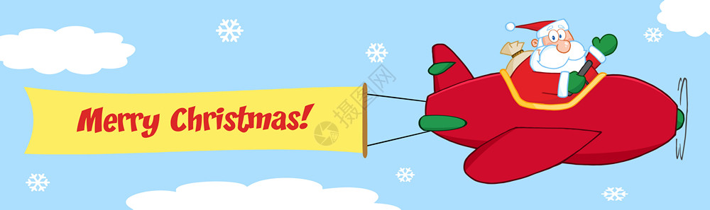 辛纳本圣诞天上飞的机和一张带文字的白条领馆插画