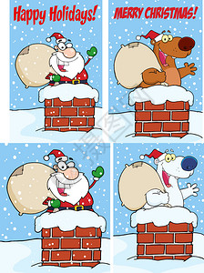 从烟囱中钻出来的圣诞老人漫画矢量插图背景图片