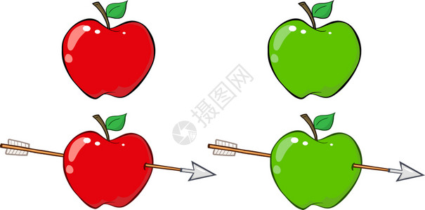 卡通绿色箭头红苹果和绿箭头收藏集插画