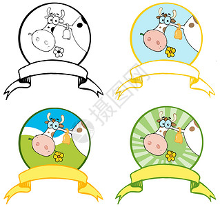 肉丝带底卡通可爱的奶牛标签插画