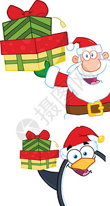 企鹅爸爸圣诞老人和企鹅持有一堆礼品插画