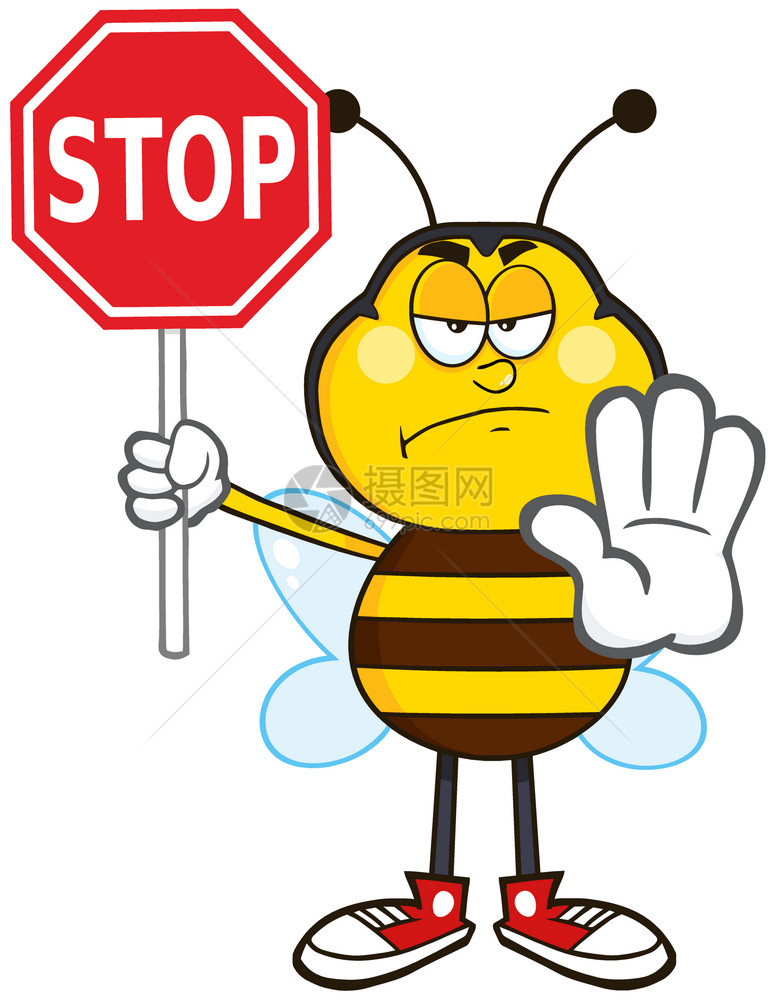 愤怒的Bee卡通马斯科特字符持有停止信号图片