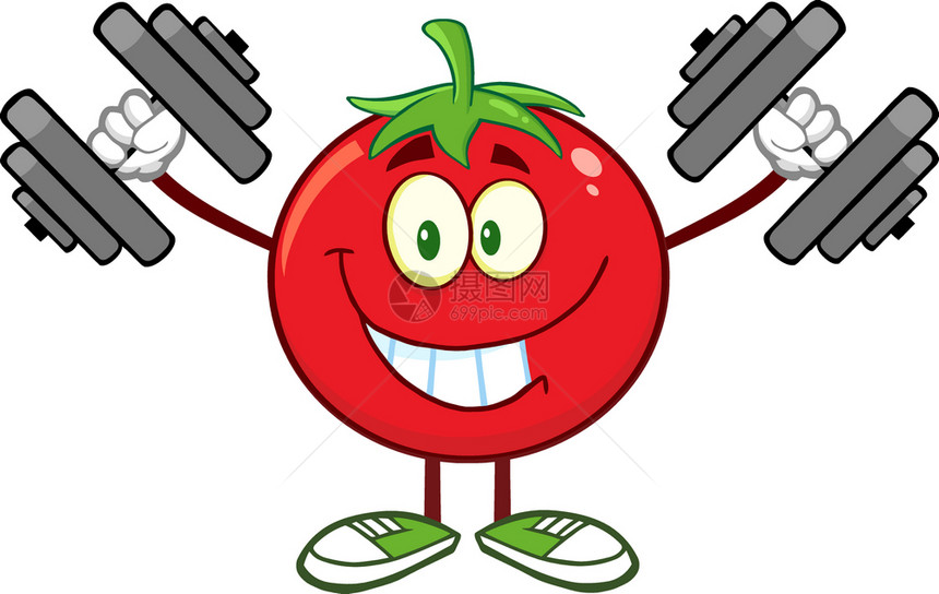 与哑铃一起微笑的番茄卡通马斯科特格训练图片