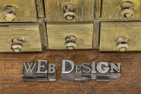 网络设计旧式纸质印刷金属类型块中的文字放在底有锈制抽屉柜的粗木板上图片