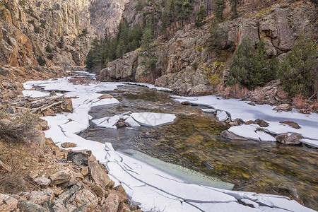 变窄科罗拉多州北林斯堡以西大奈罗CachelaPoudre河的CachePoudre河冬季风景河水部分冷冻背景