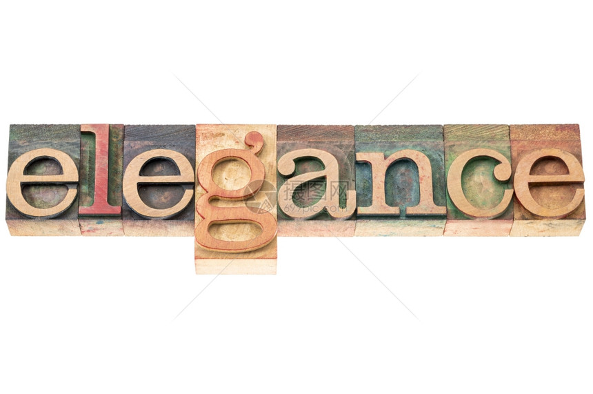 elegance单词打字法纸质木块中的孤立文字图片