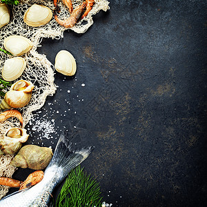 卷饼素材网含有芳香药草料和蔬菜的鱼蛤虾健康食物饮或烹饪概念背景