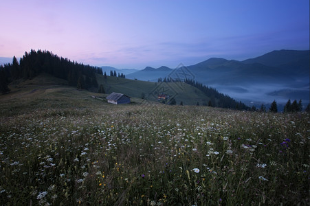 日出前的山区农村景观喀尔巴阡山乌克兰图片