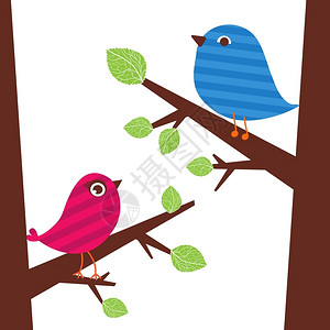 卡通可爱树枝上的小鸟矢量插图背景图片