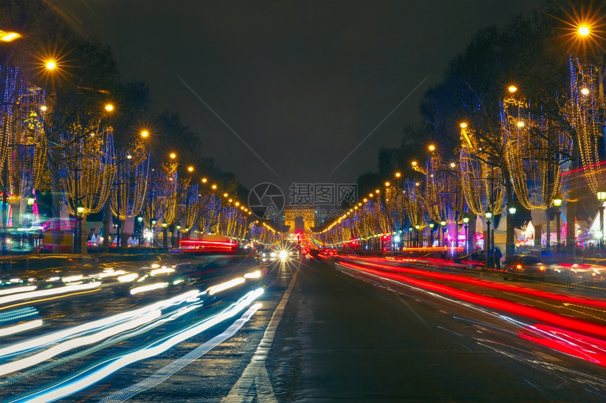 在法国巴黎的夜晚盛的圣诞香冠Elysees和Arcderitomphhe巴黎图片