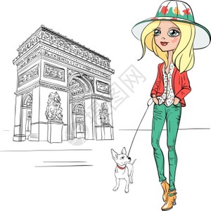 匀称卡通手绘牵着可爱狗的时装女游客插画