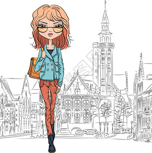 布鲁日街上提着购物袋戴着眼镜的漂亮时装模特插画