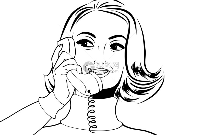具有漫画风格的流行艺术复古女在电话上讲矢量插图图片