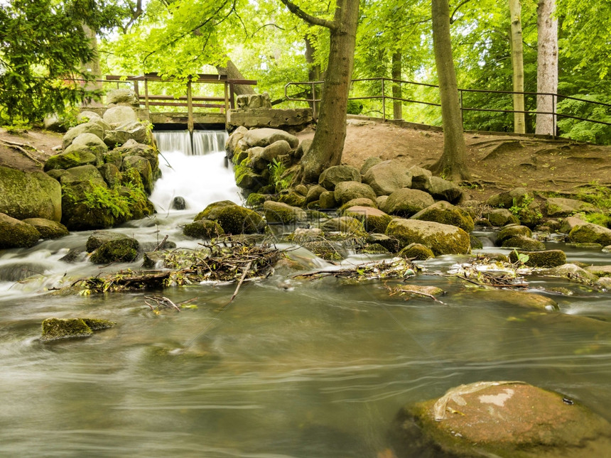 森林绿中的美丽瀑布Oliva公园的溪流gdanskdanzigpoland自然景观图片