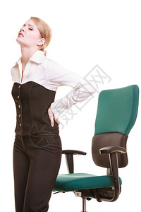 商业界年轻女人有背痛的女人在白色上被孤立工作时间长身体健康背景图片