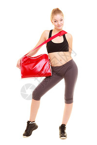运动和积极生活方式全年运动女郎穿着服白色的红体操袋被孤立图片