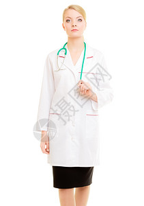 身着实验室大衣和听诊器的妇女作为医生与世隔绝图片