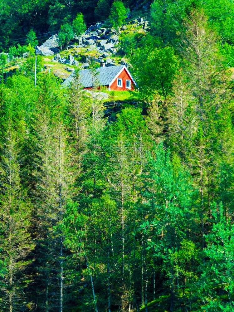 挪威典型的红色乡村家庭山地的HHHHT挪威美丽的景观斯堪纳维亚图片