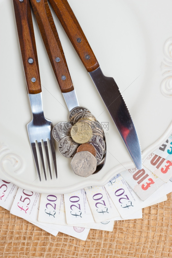 生活费用食品价格和用财富概念餐桌上的英国钱盘硬币和钞票图片