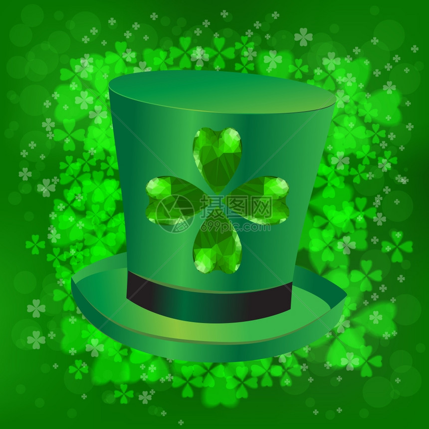 四叶树爱尔兰圣帕特里克和日符号对你的设计有用绿色玻璃树叶和帽子圣帕特里克和绿背景的叶日图片