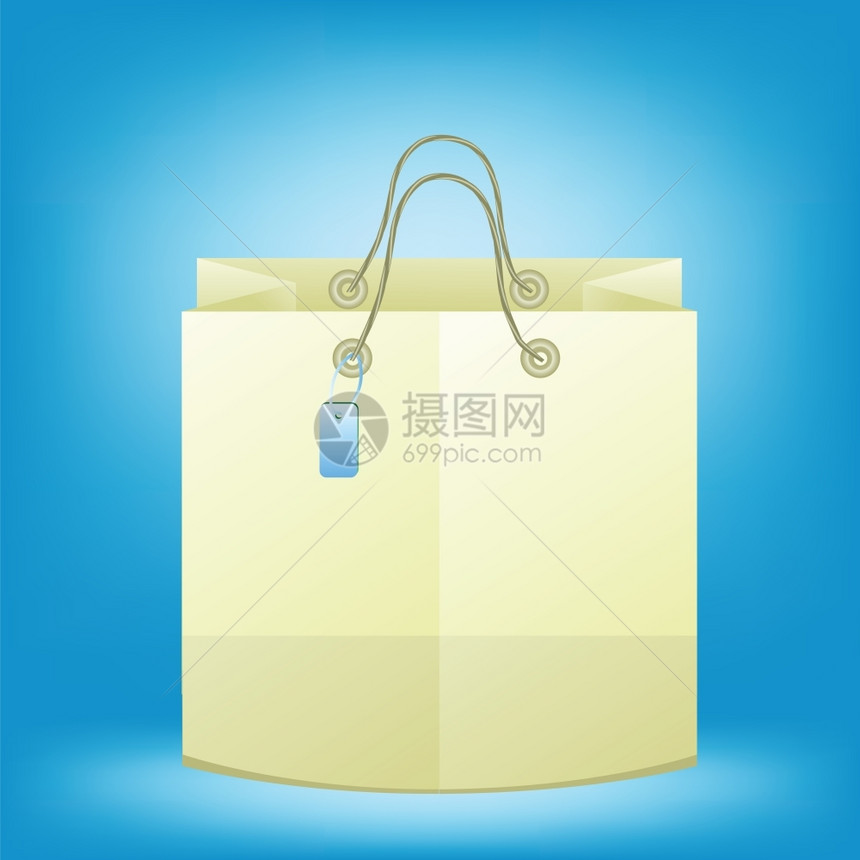 装有纸柄和滑稽标签的纸袋蓝背景棕色购物袋广告和品牌的空购物袋xA图片