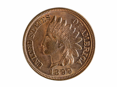 美利坚合众国印度头一分硬币白底孤立硬币是未传播的品位薄荷状态背景图片