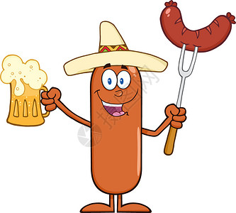 叉子香肠享受墨西哥香肠加卡通拥有啤酒和腊肠在一个叉子上插画