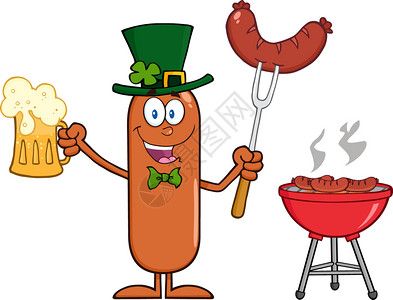 福香肠LeprechaunSausage卡通字符持有啤酒和腊肠紧靠BBQ插画