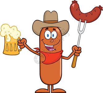 棕色牛仔香肠加卡通拥有啤酒和腊肠在叉子上图片