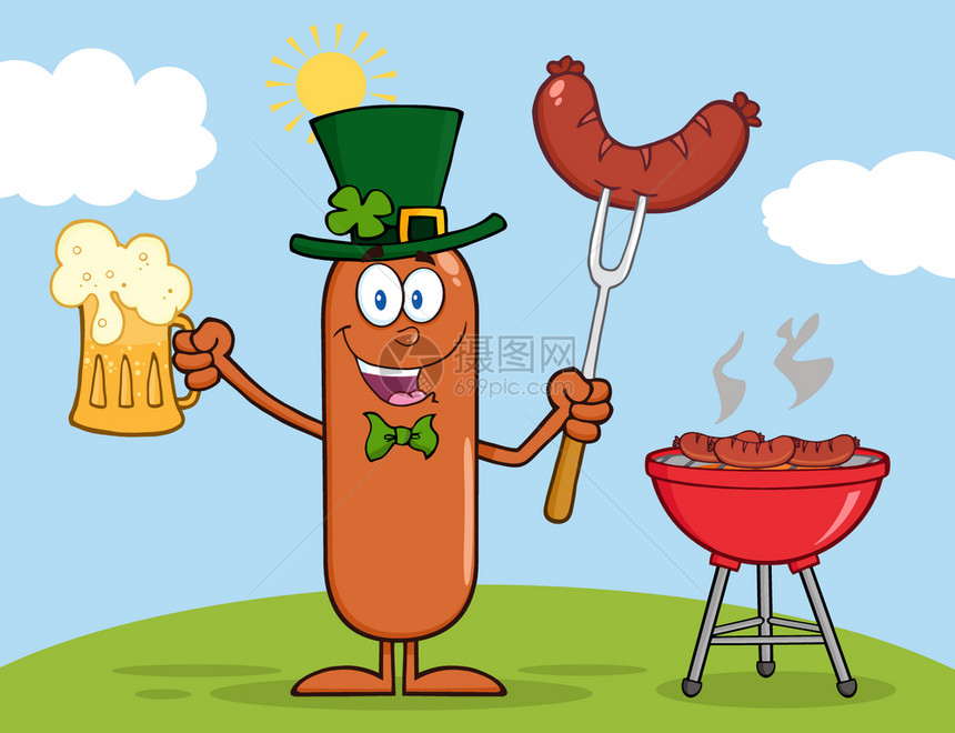 LeprechaunSausage卡通字符持有啤酒和腊肠紧靠BBQ图片