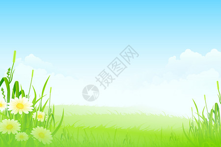 蓝色天空下的绿色草地和鲜花图片