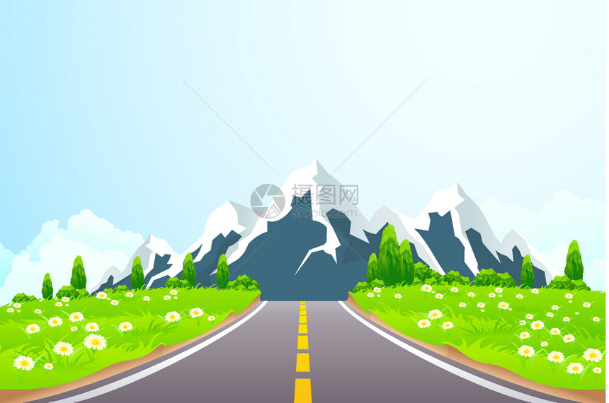 蓝色天空下的道路和山丘的绿色景观图片