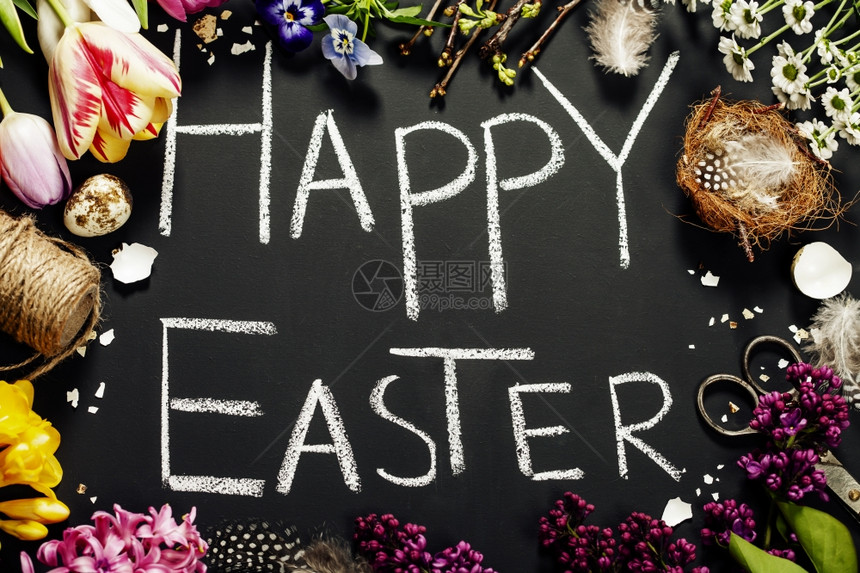 复活节在有鸡蛋鲜花和巢的黑板上问候图片