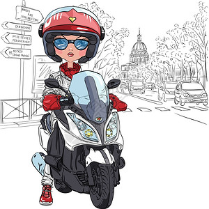 法国街道在巴黎的一辆摩托车上漂亮的时装女郎在巴黎的摩托车上插画