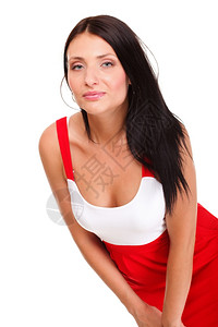 穿着短红色热身裙的感拉丁女人孤立的白色背景图片