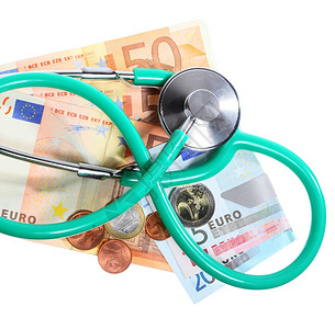 良好的医疗保健服务概念欧元纸钞的绿色听诊器图片