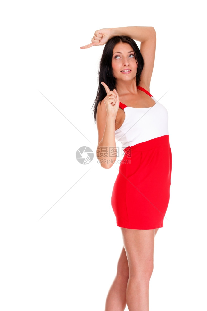 穿着短红色热衣服的感拉丁女人脸红让你举起拇指与世隔绝的白色图片