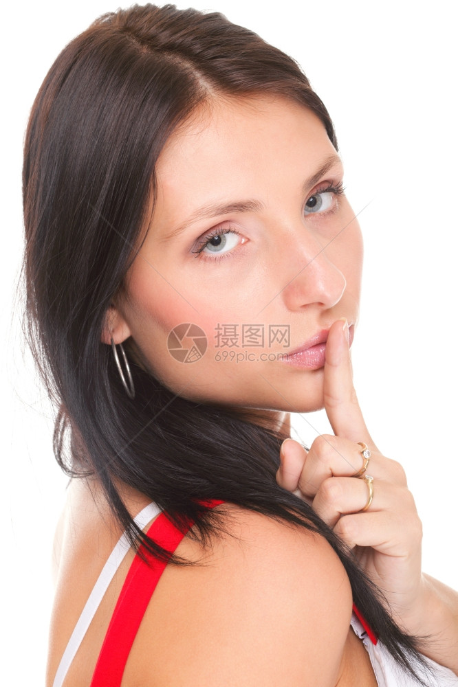 女人保持安静的手势把她指放在嘴上图片
