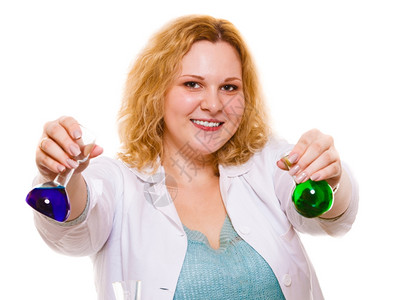 实验室化学女家或生科研究员用化学瓶测试图片