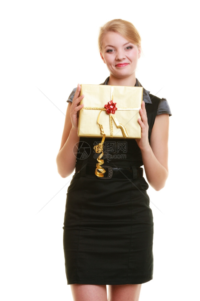 节假日爱与幸福概念美金发女孩与礼盒隔离图片