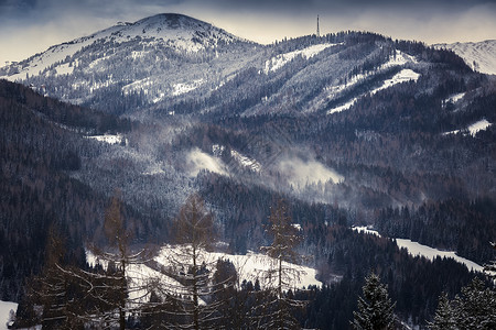 在雪山顶上吹风与森林的陶瓷照片图片
